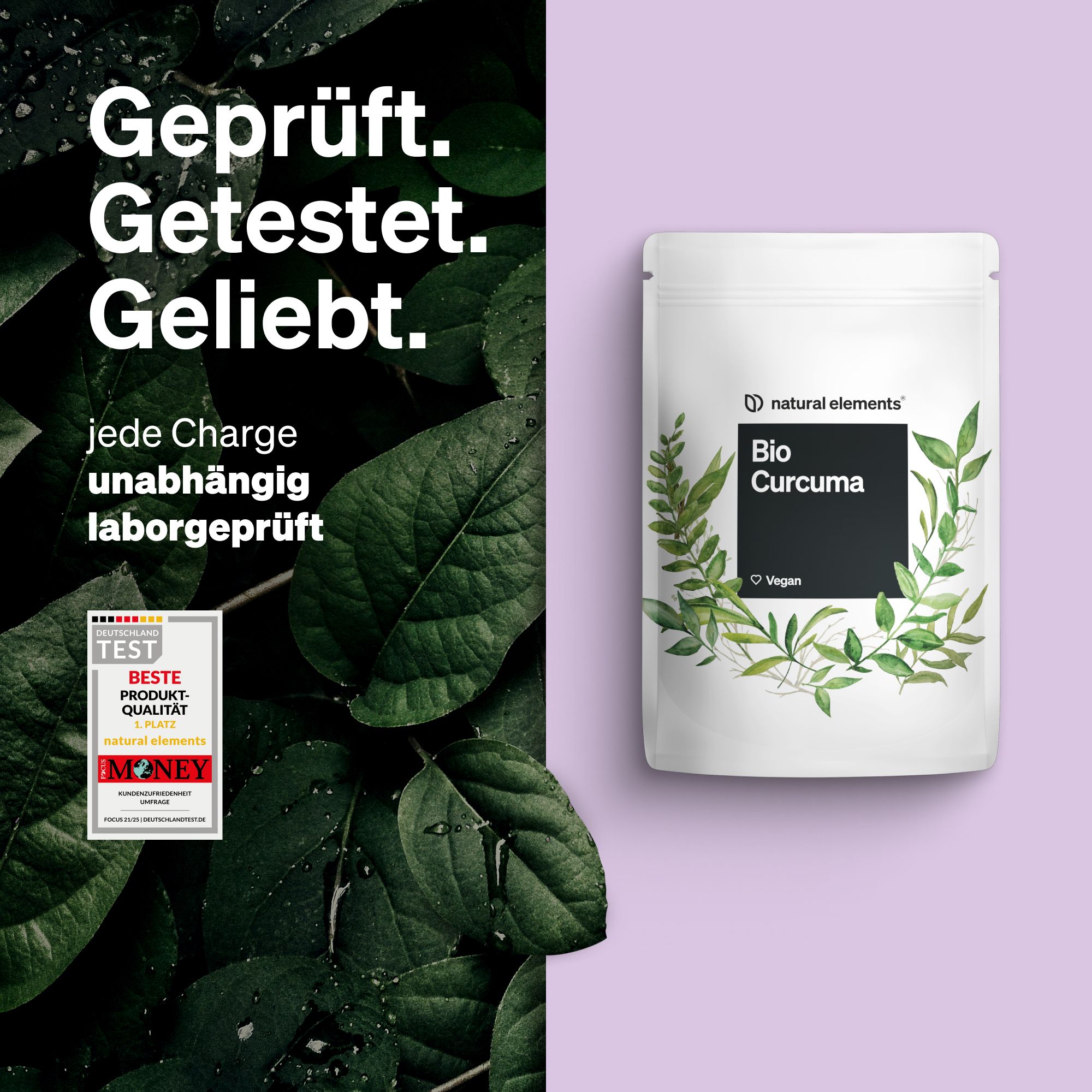 Produktbeutel mit Text Bio Curcuma, umgeben von Blättern. Text: Geprüft. Getestet. Geliebt. Logo.