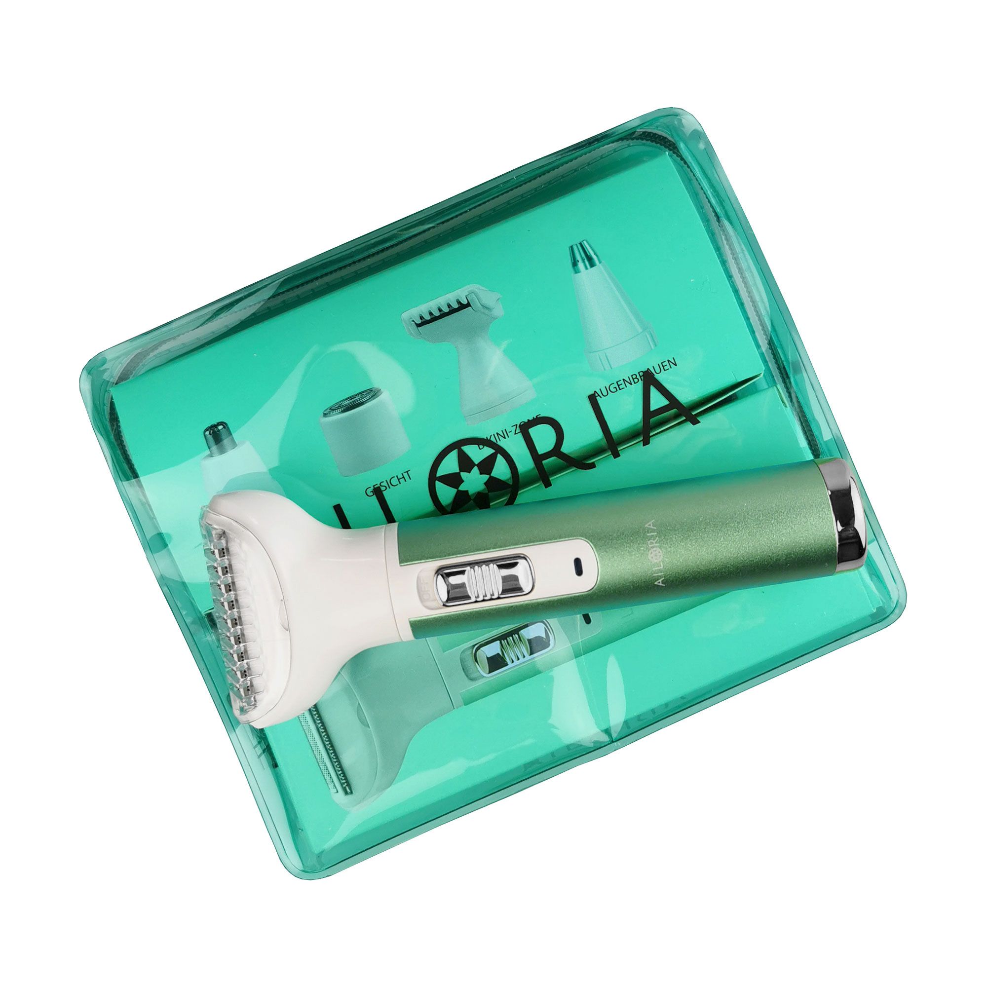 Rasierer-Set in transparenter Verpackung. Rasierer und Aufsätze sichtbar. AILORIA-Logo.