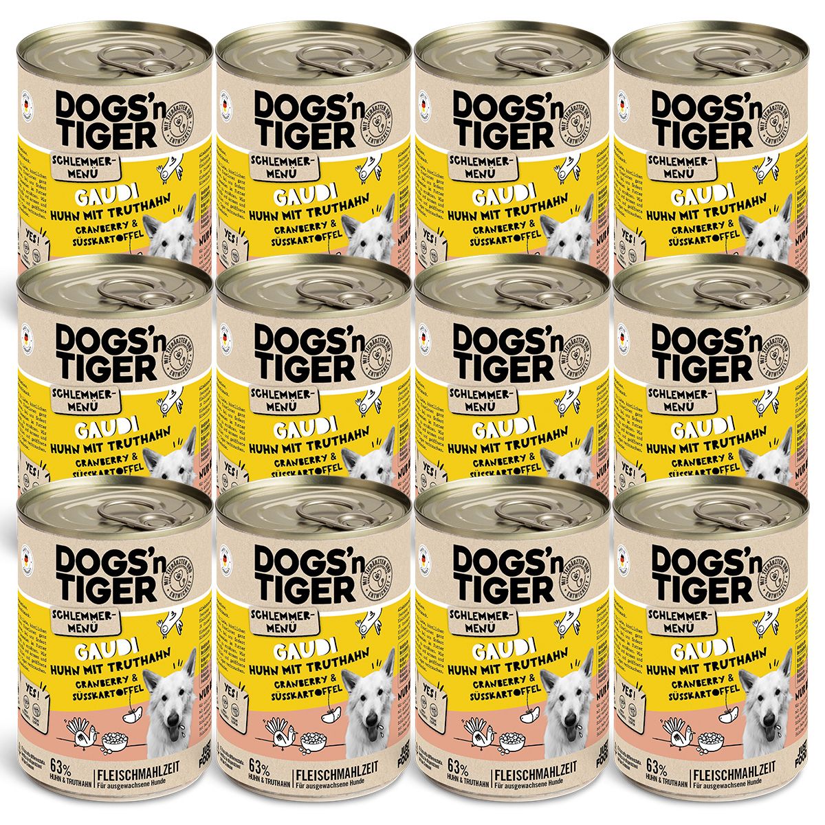 Mehrere Dosen Hundefutter, gestapelt. Aufschrift: Dogs'n Tiger, Gaudi, Huhn mit Truthahn, Cranberry & Süßkartoffel.