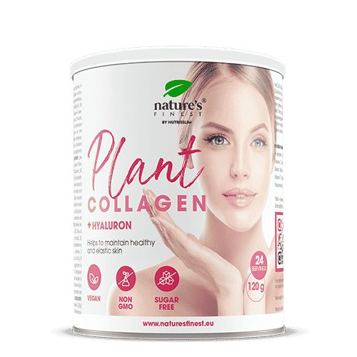 Dose mit Aufschrift Plant Collagen + Hyaluron. Vegan, zuckerfrei, ohne Gentechnik. Frauengesicht.