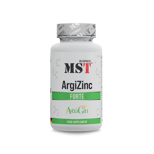 Weiße Flasche mit rotem und grünem Etikett. Aufschrift: MST ArgiZinc Forte. Enthält 60 Kapseln. AstraGin-Logo.