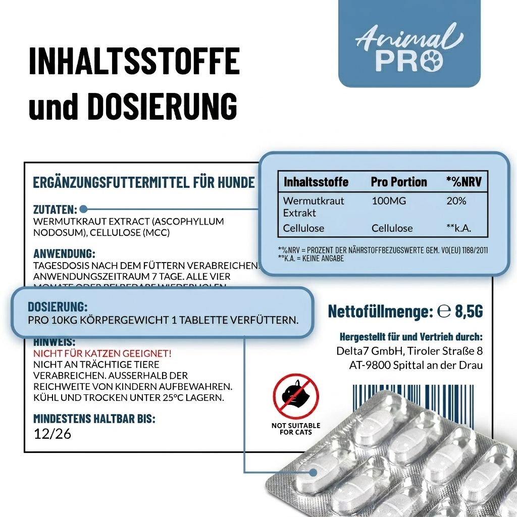 Informationen zu Inhaltsstoffen und Dosierung von JCK REIZ Tabletten für Hunde.