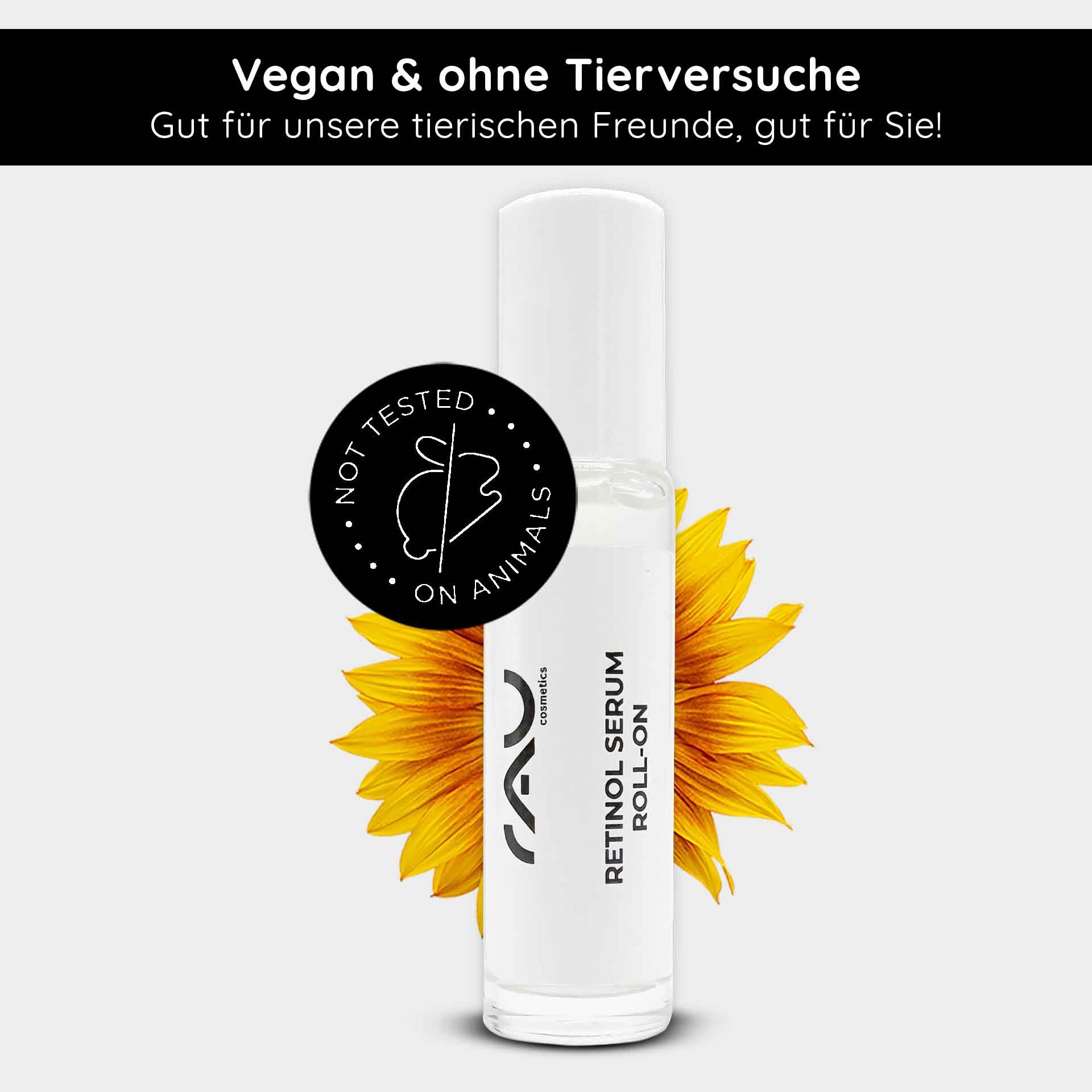 Roll-On-Serum mit Sonnenblume. Text: RETINOL SERUM ROLL-ON. Logo: NOT TESTED ON ANIMALS.
