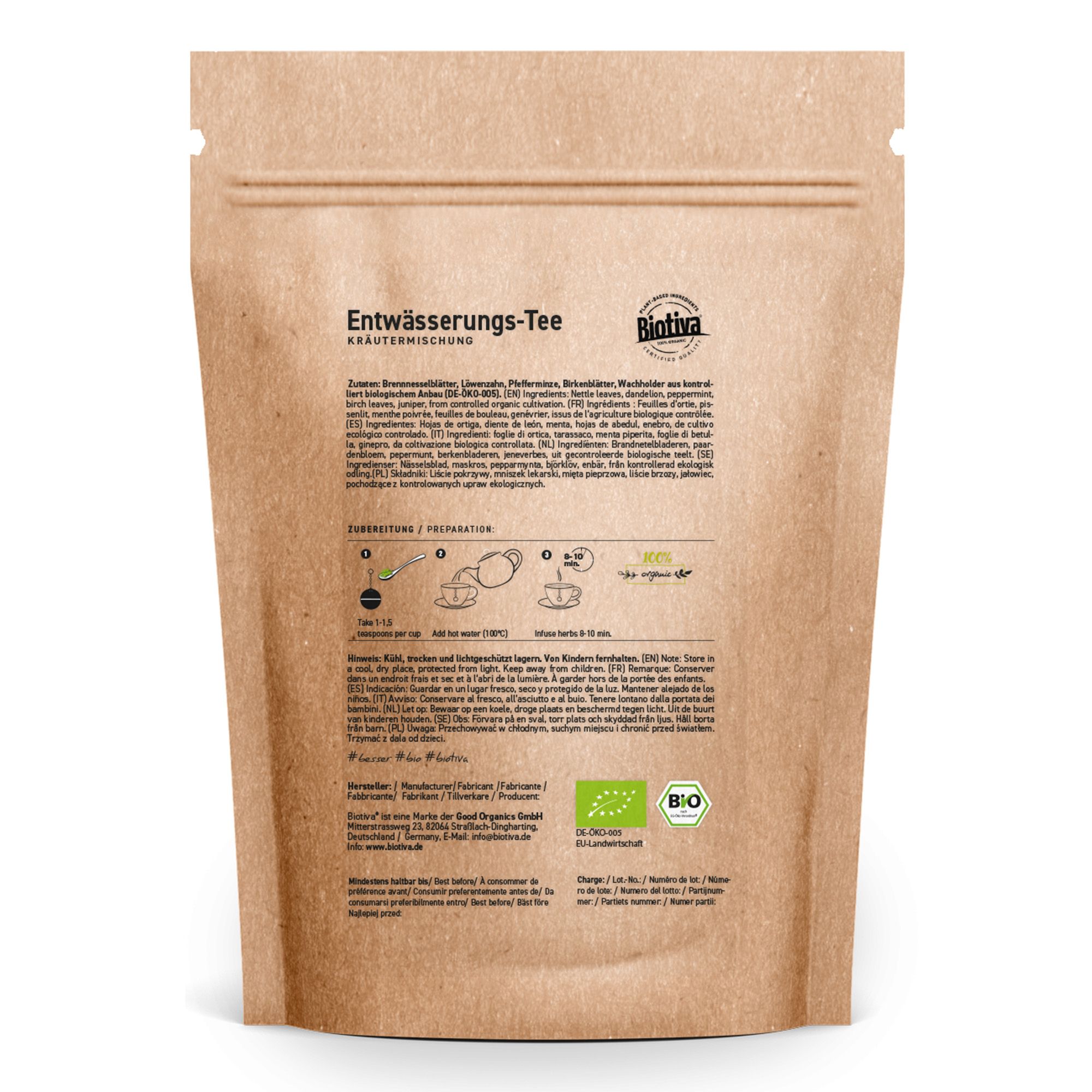 Rückseite der Biotiva Entwässerungs-Tee Verpackung. Text: Zutaten, Zubereitung, Bio-Siegel. Braune Papierverpackung mit grüner Schrift.