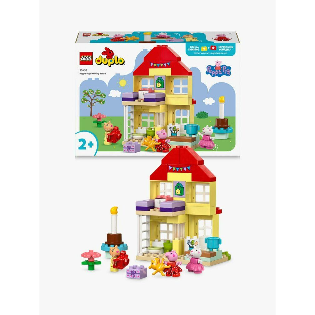 LEGO Duplo Peppa Pig Geburtstagshaus. Gelbes Haus mit rotem Dach, Figuren, Zubehör. Verpackung mit Logo und Altersempfehlung.