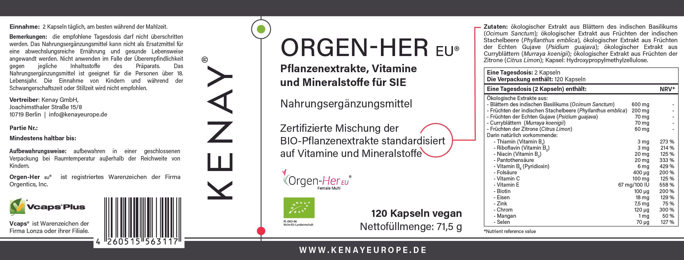 Weißes Etikett mit Text. Aufschrift: ORGEN-HER EU, Nahrungsergänzungsmittel, 120 Kapseln vegan. KENAY Logo. Zutatenliste.