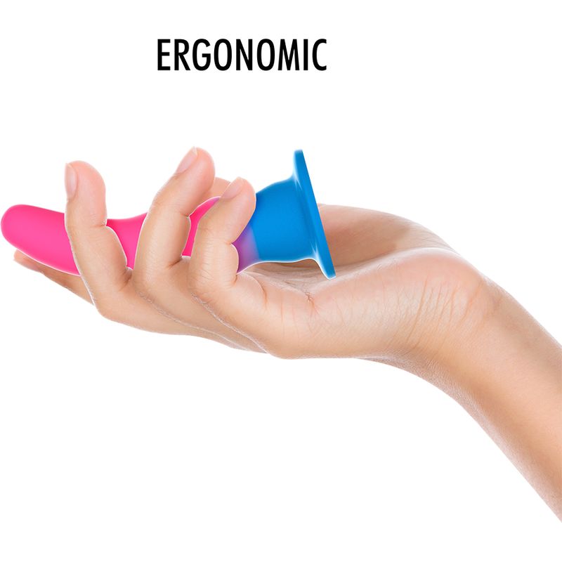 Zweifarbiges Wellness-Produkt, pink und blau, in einer Hand gehalten. Ergonomisches Design.