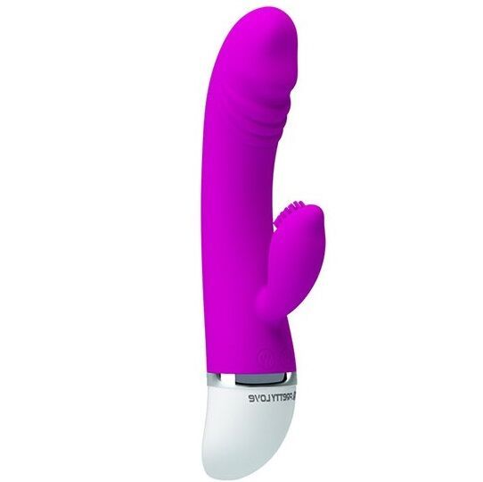 Lila Vibrator mit Kaninchenohren. Weißer Sockel. Aufschrift: Pretty Love.