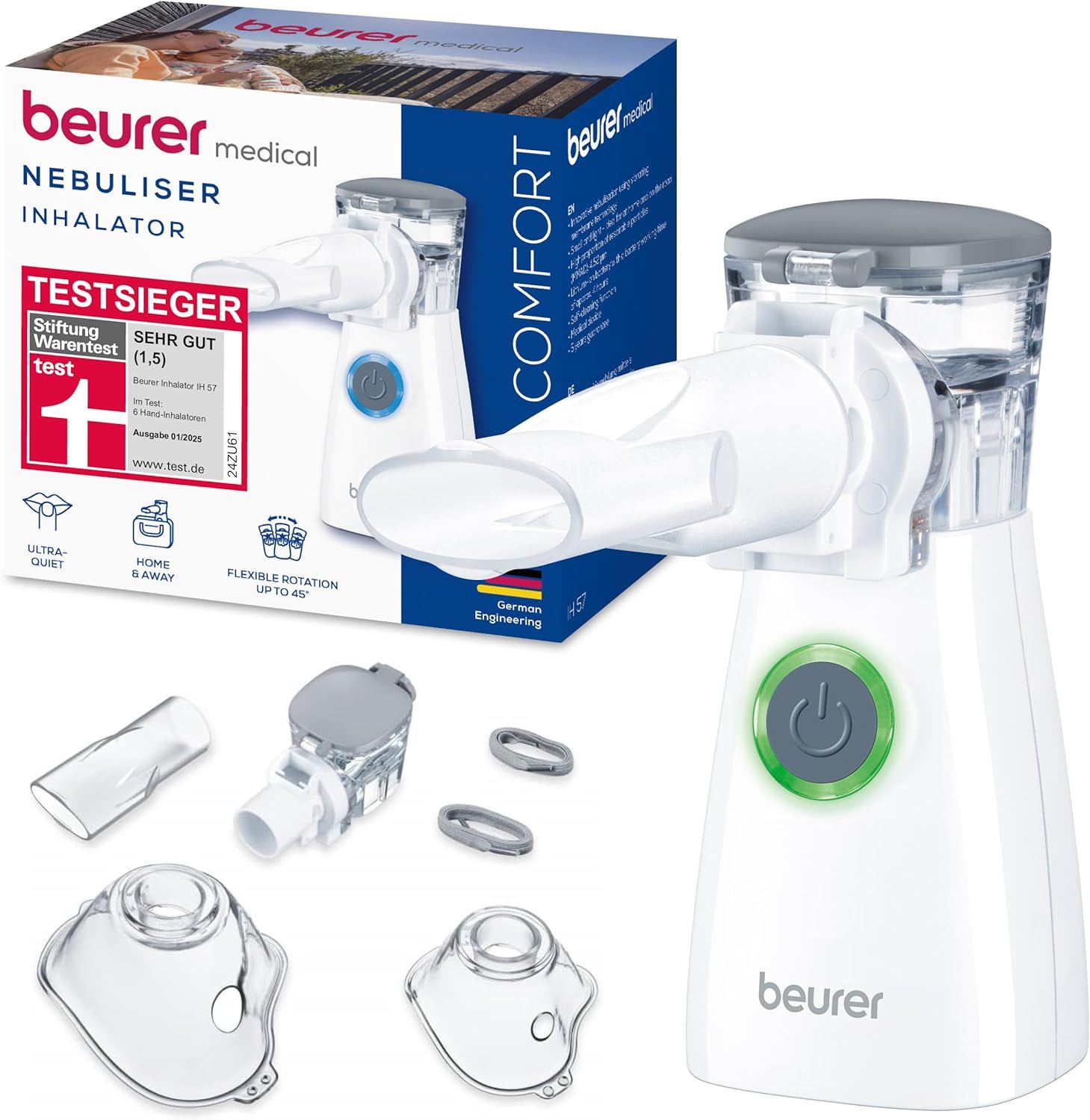 Beurer Inhalator in Verpackung. Zubehörteile und Masken. Text: Beurer medical, NEBULISER INHALATOR, TESTSIEGER.