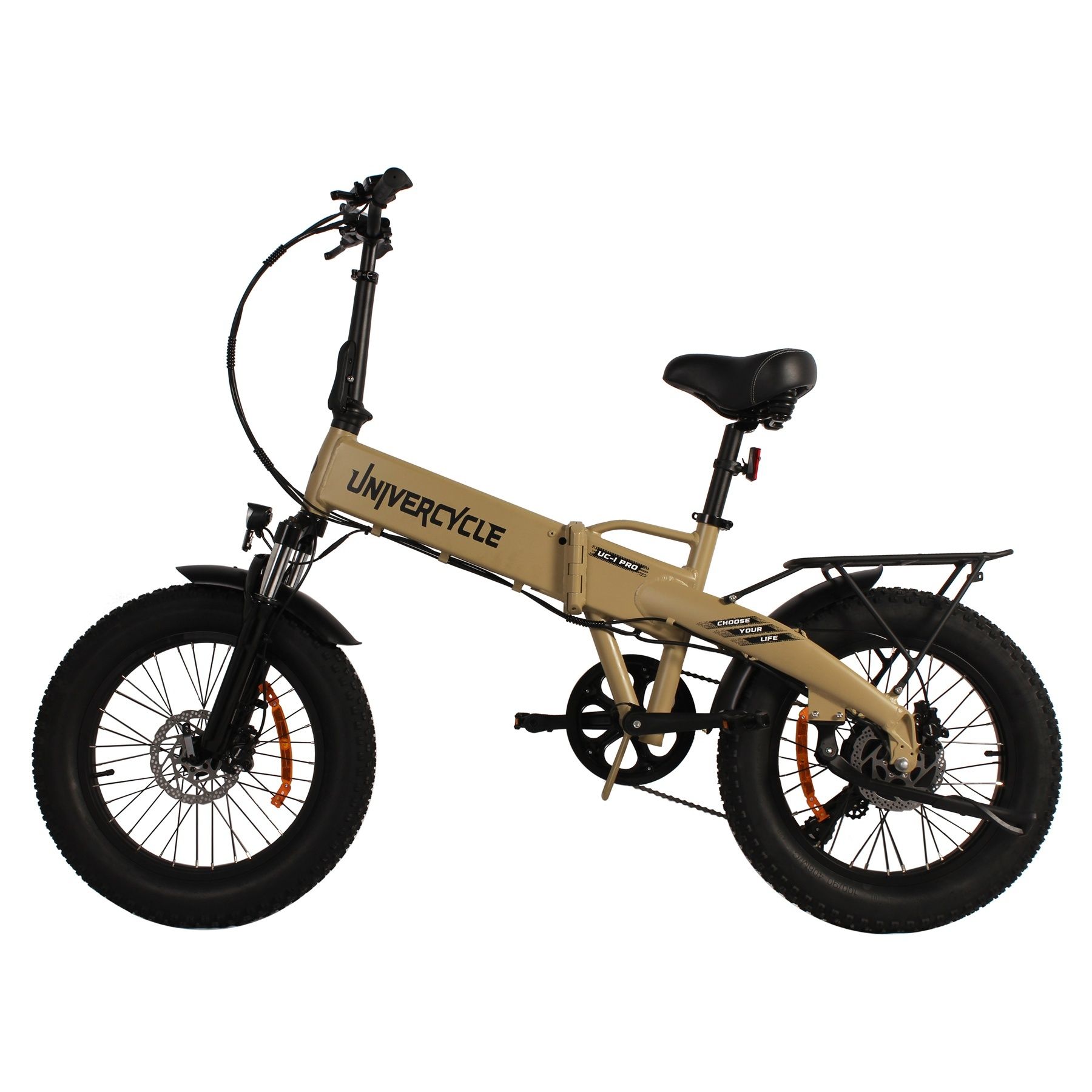 Faltbares E-Bike, beige, mit schwarzen Reifen und Gepäckträger. Marke Univercycle.