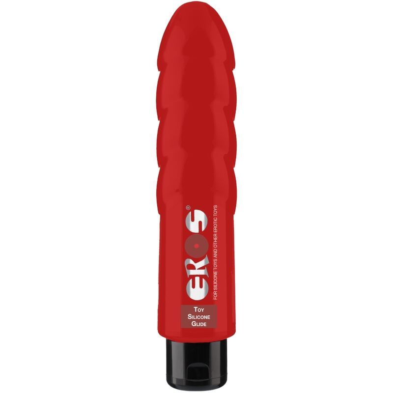 Rotes Gleitgel für Toys auf Silikonbasis. Zylindrische Form mit geriffelter Oberfläche. Schwarzer Verschluss. Marke: Eros.