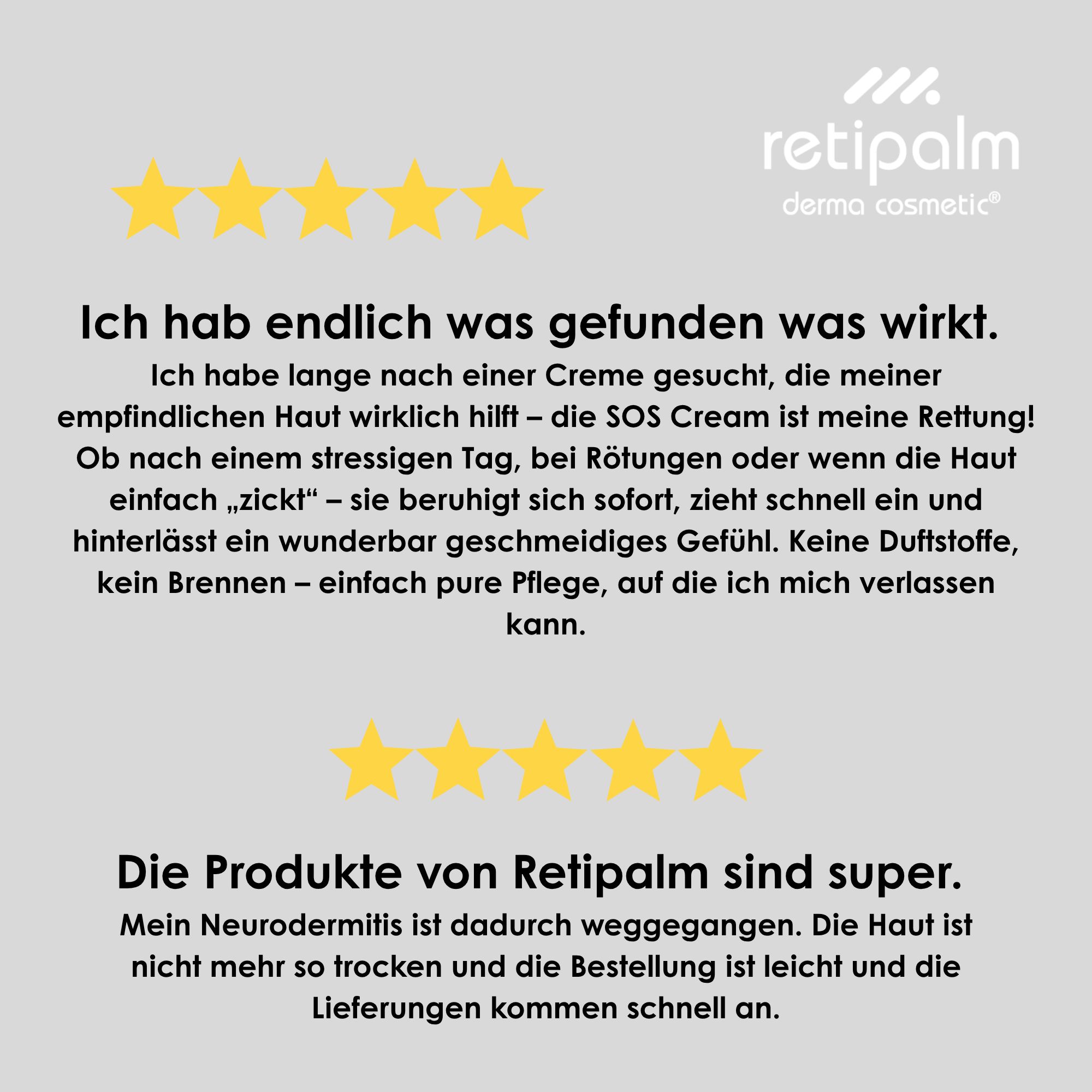 Anwendungshinweise für Retipalm Cream SOS und Frau mit Hautirritation.