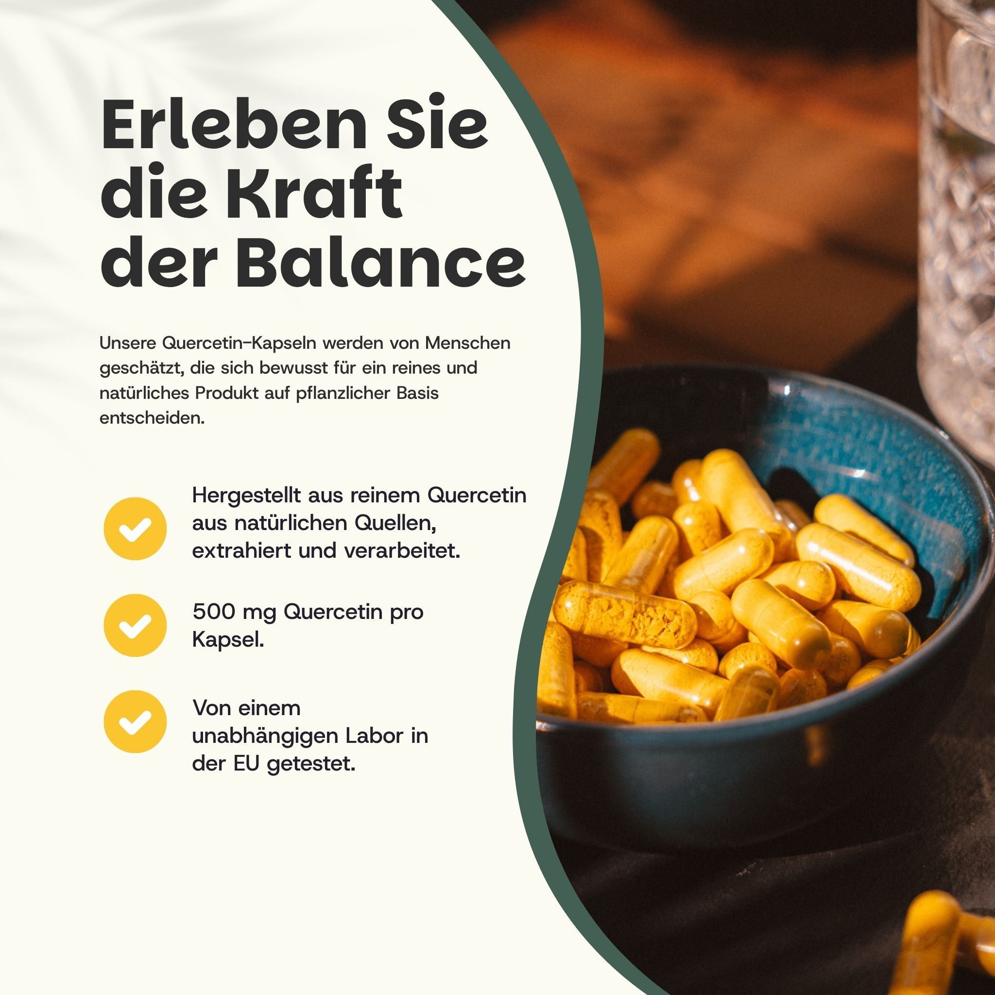 Gelbe Kapsel mit Pulver. Text: Quercetin-Kapseln. 100% natürlich, keine Füllstoffe, vegan.