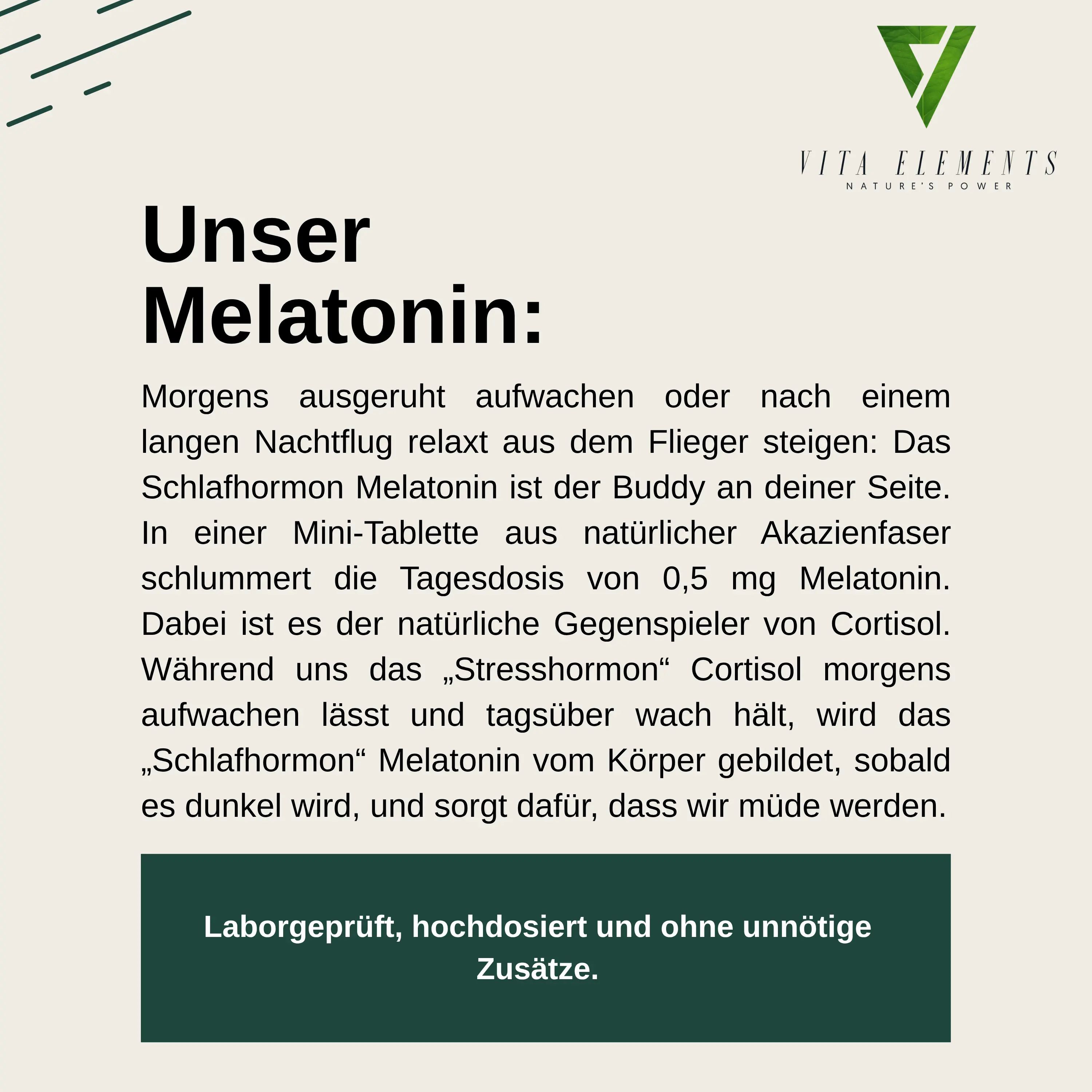 Text über Melatonin: "Unser Melatonin". Laborgeprüft, hochdosiert und ohne unnötige Zusätze.