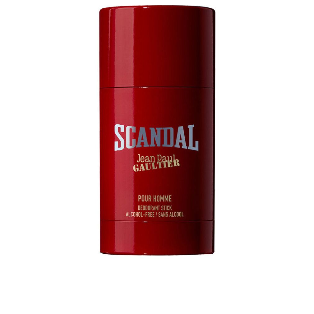 Roter Deostift. Aufschrift: SCANDAL, Jean Paul Gaultier, POUR HOMME, Deodorant Stick, ALCOHOL-FREE / SANS ALCOOL.