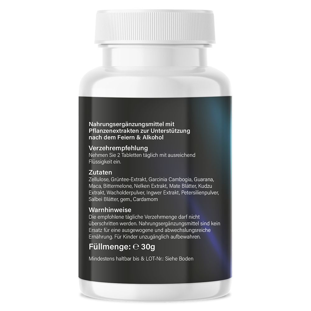 Rückseite der weißen Flasche. Text: Nahrungsergänzungsmittel mit Pflanzenextrakten. Zutatenliste, Warnhinweise, Füllmenge: e 30g.
