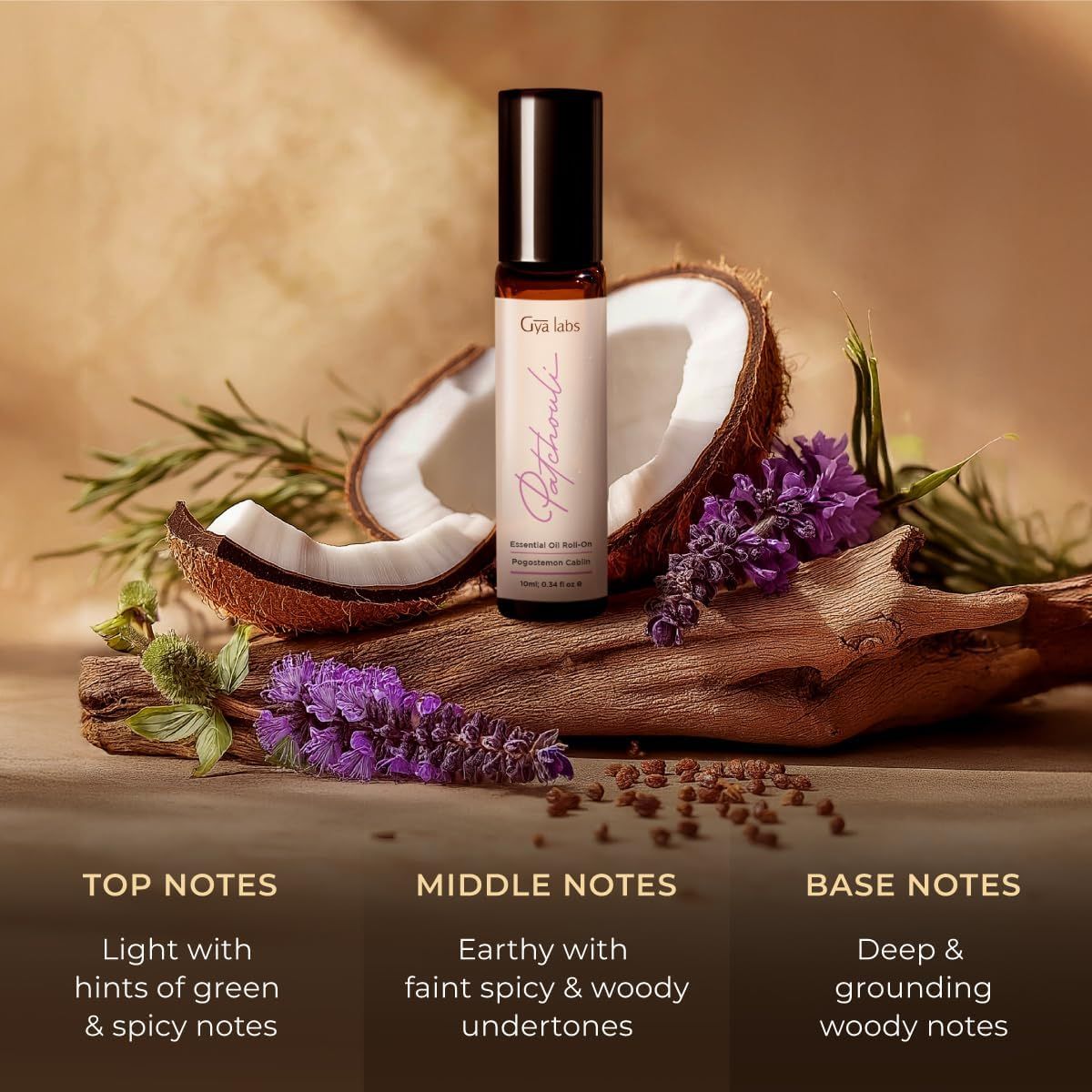 Roll-on-Flasche mit Patchouli-Etikett, umgeben von Kokosnuss, Holz, Lavendel und Samen. Text: Top-, Mittel- und Basisnoten.