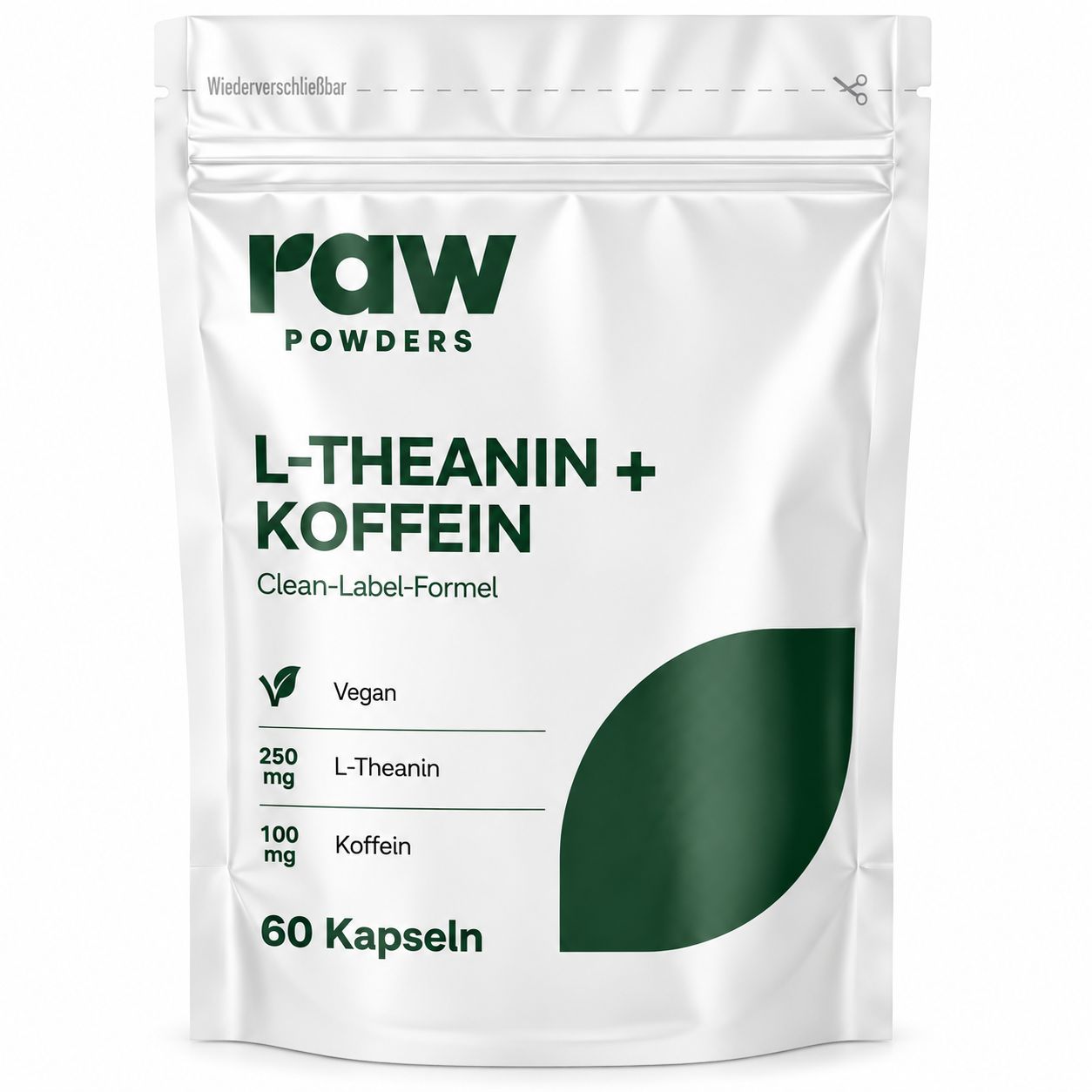 Standbodenbeutel mit 60 Kapseln L-Theanin + Koffein, Marke Raw Powders.