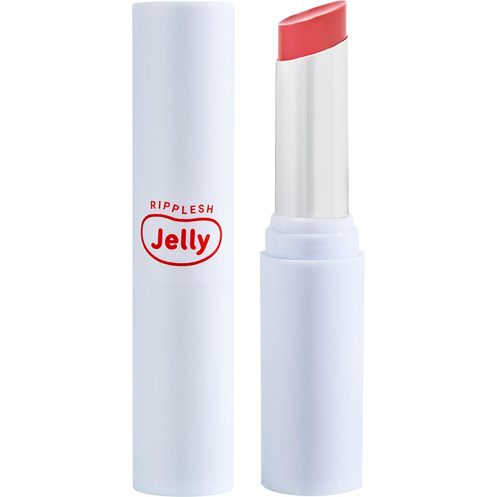Weißer Lippenbalsam-Stick mit rotem Lippenstift. Der Deckel ist daneben. Auf dem Deckel steht "Ripplesh Jelly".