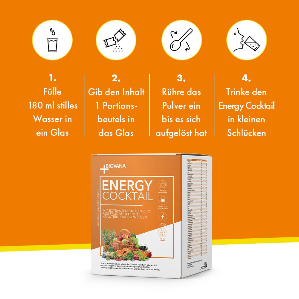 Anleitung zur Zubereitung von Energy Cocktail. 1. Wasser in Glas. 2. Pulver in Glas. 3. Rühren. 4. Trinken.
