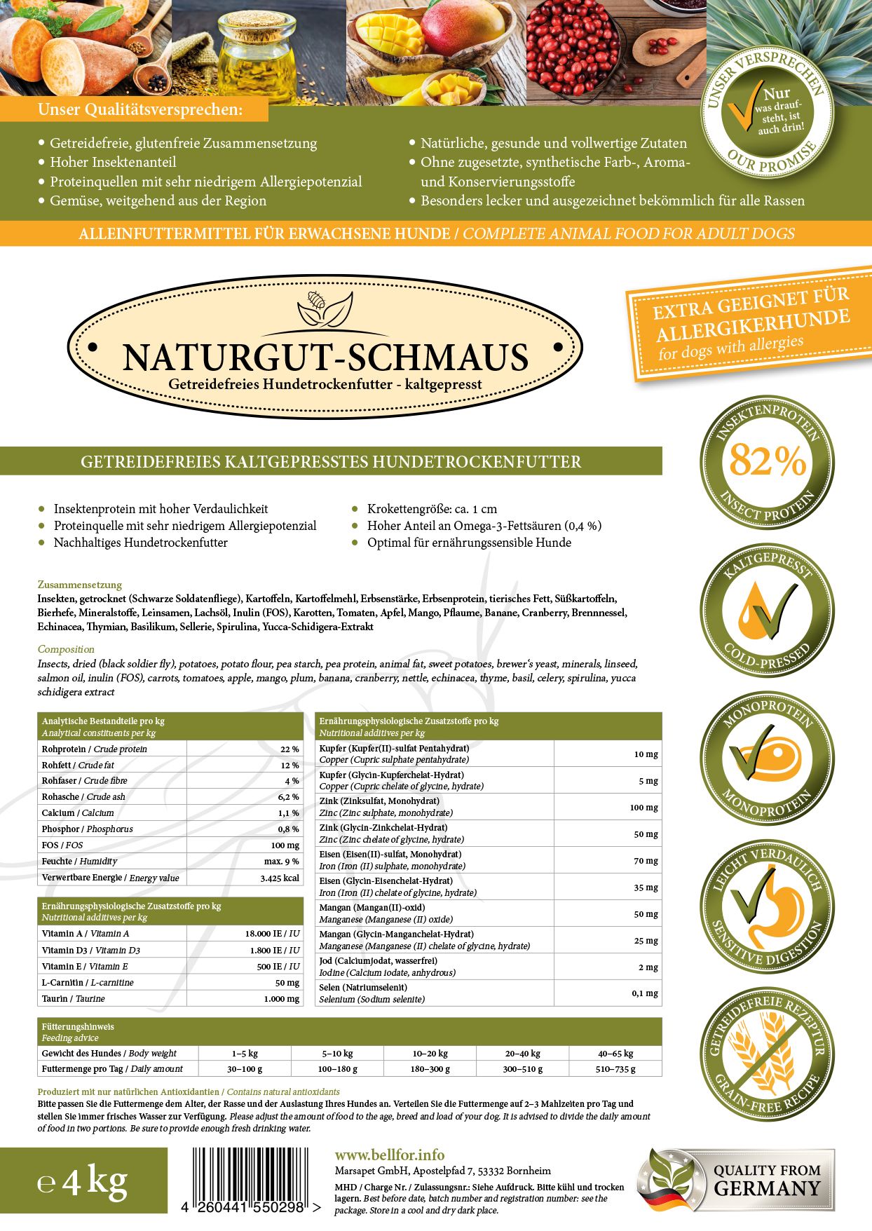 Trockenfutter-Verpackung mit Text. Enthält Informationen zu Inhaltsstoffen, Nährwerten und dem Label "NaturGut-Schmaus".