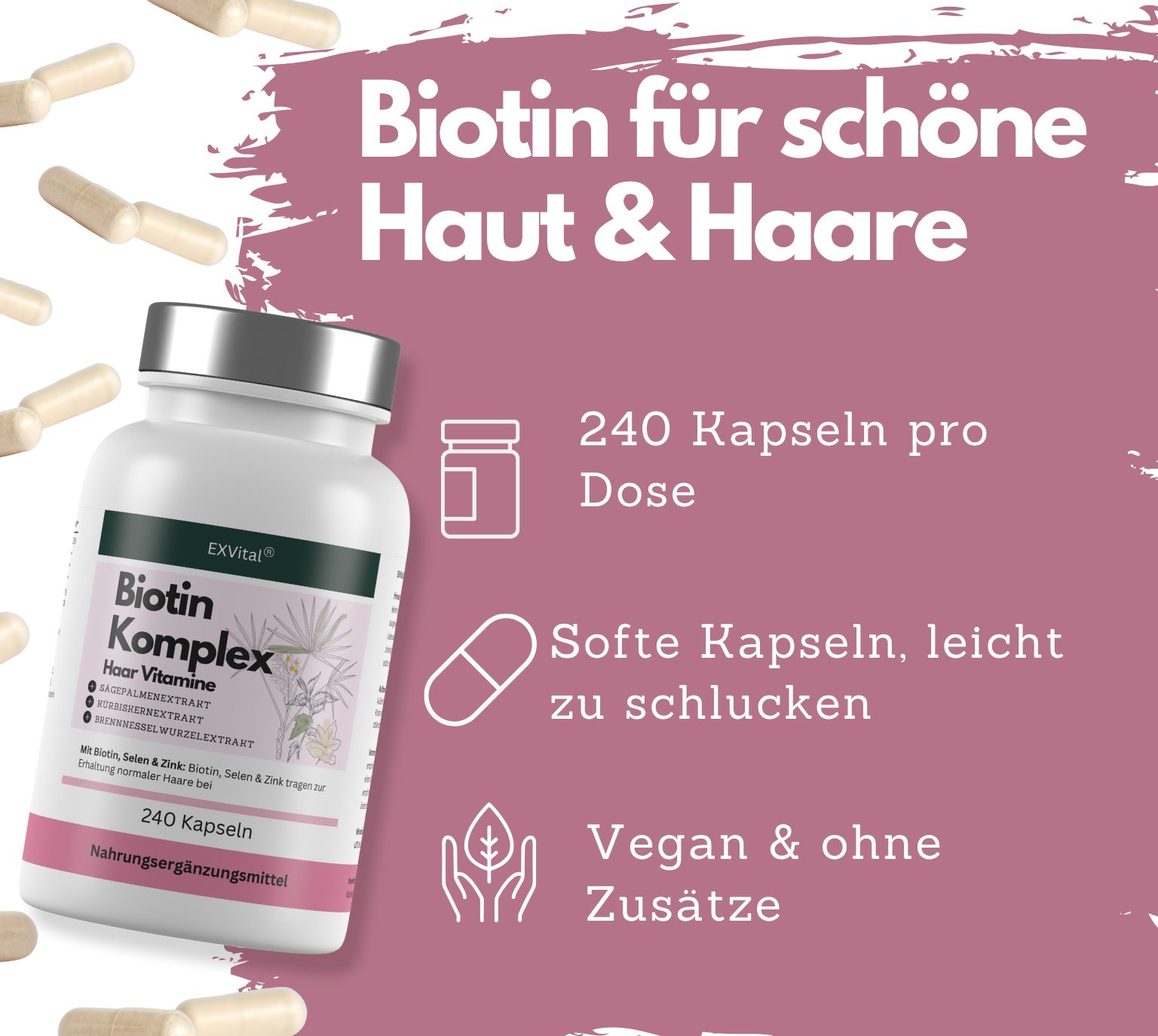 Flasche EXVital Biotin Komplex, 240 Kapseln, "Vegan & ohne Zusätze".