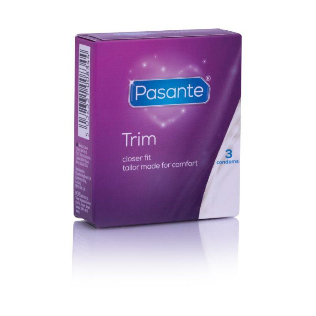 Pasante Trim Kondom-Packung. Enthält 3 Kondome. Lila Verpackung mit Produktnamen und Herz-Design.