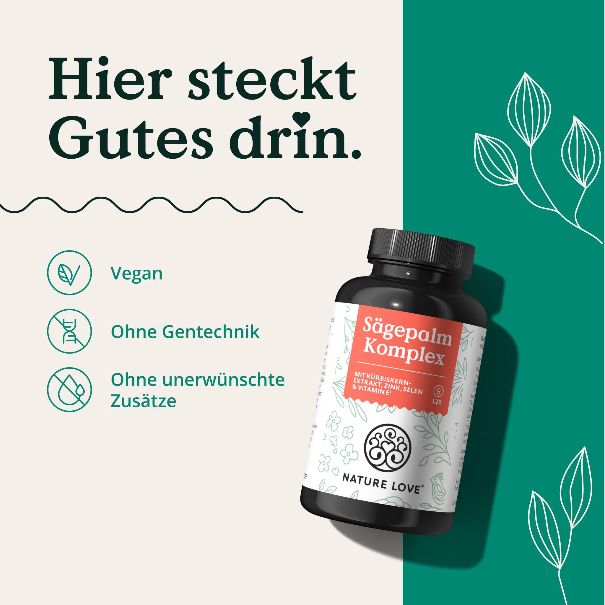 Schwarze Flasche mit rotem Etikett. Text: Sägepalm Komplex. Vegan, ohne Gentechnik, ohne unerwünschte Zusätze.