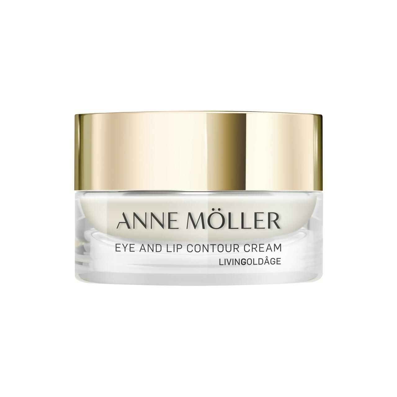 Creme-Tiegel. Aufschrift: Anne Möller, Eye and Lip Contour Cream. Goldener Deckel, weiße Creme.