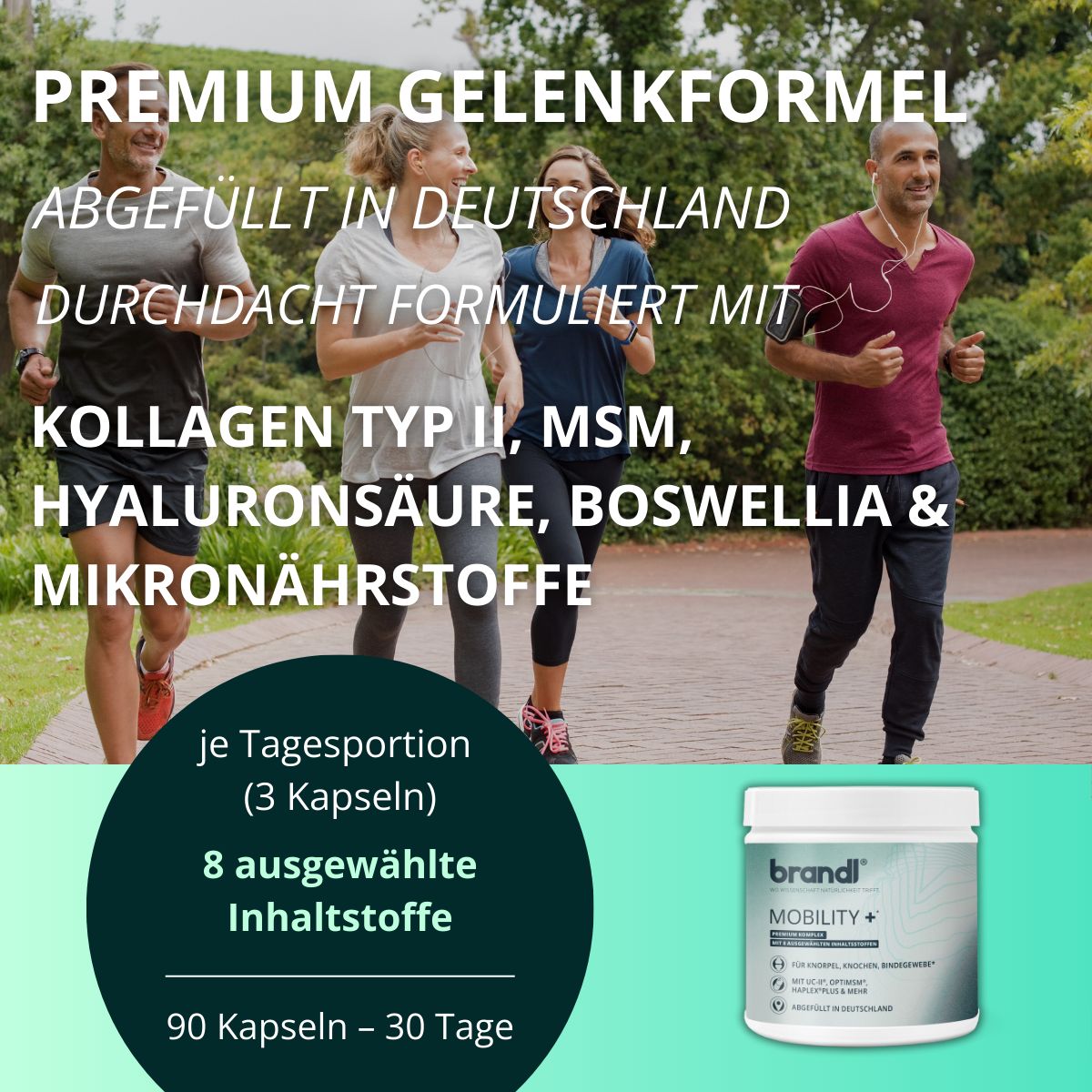 Behälter mit brandl® Mobility+. Text: Premium Gelenkformel, Kollagen Typ II, MSM, Hyaluronsäure, Boswellia & Mikronährstoffe. Läufer im Hintergrund.