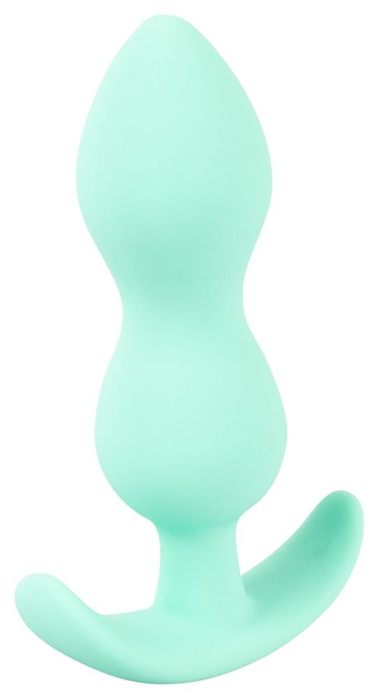 Hellgrüner Analplug mit tropfenförmigem Kopf und gebogener Basis. Material: Silikon. Form: konisch, mit zwei Ausbuchtungen.
