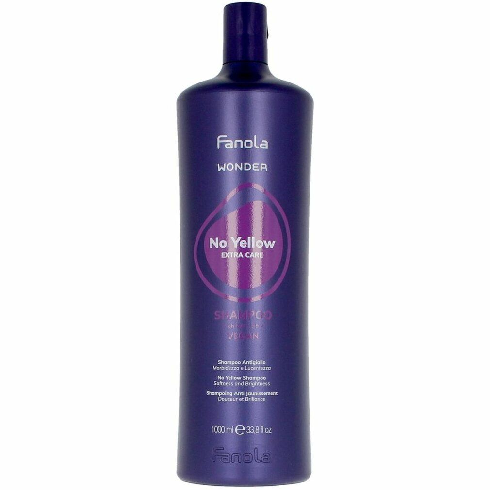 Violette Shampoo-Flasche. Aufschrift: Fanola No Yellow Extra Care. Text: Shampoo Antigiallo, Softness and Brightness.