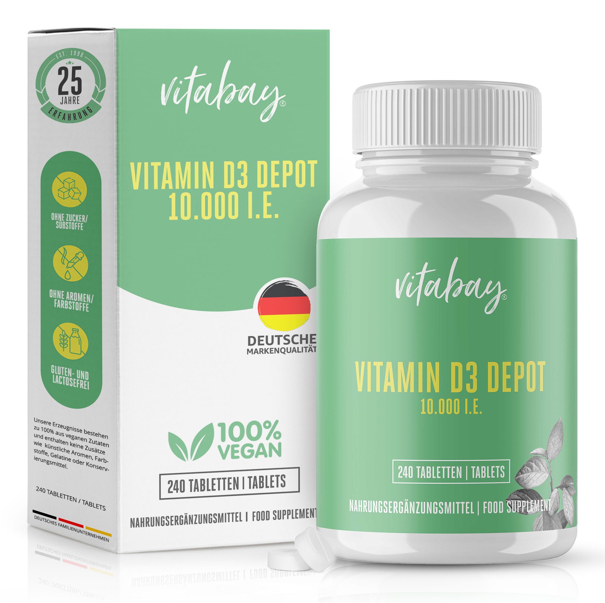 Vitabay Vitamin D3 Depot 10.000 I.E. Tabletten. Weiße Flasche und Schachtel mit grüner Aufschrift. 240 Tabletten. Vegan.