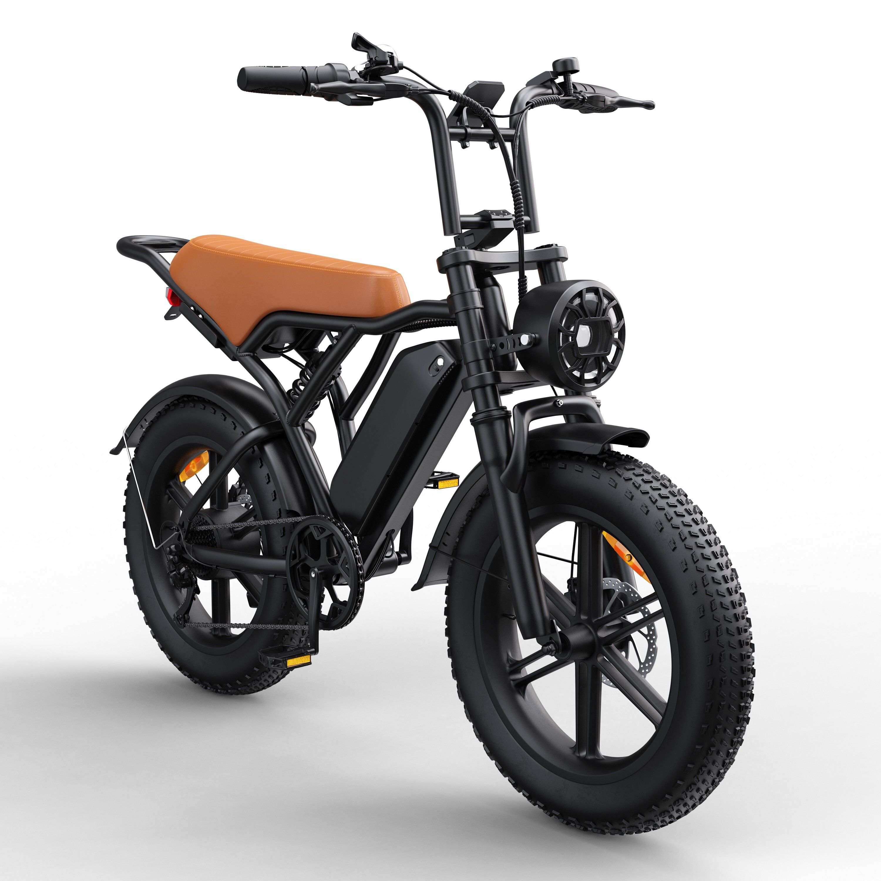 Schwarzes E-Bike mit braunem Sattel. Breitreifen, Scheinwerfer, Gepäckträger. 7-Gang-Getriebe.