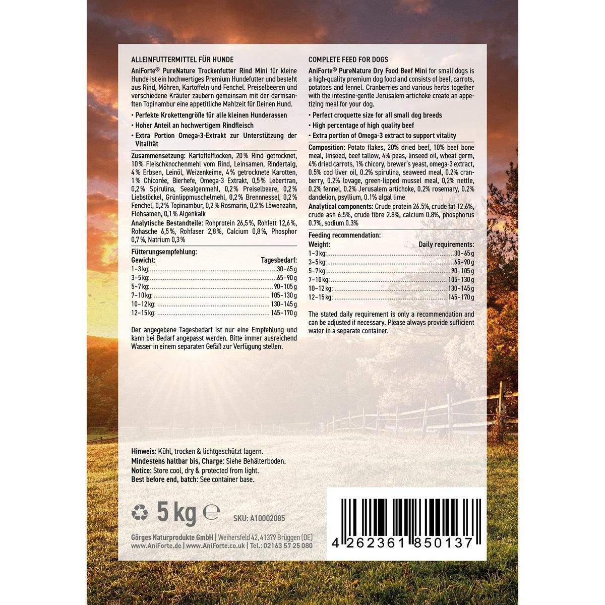 Verpackung Aniforte Trockenfutter Rind Mini. 5 kg Beutel. Text mit Inhaltsstoffen, Fütterungsempfehlung und Analyse.