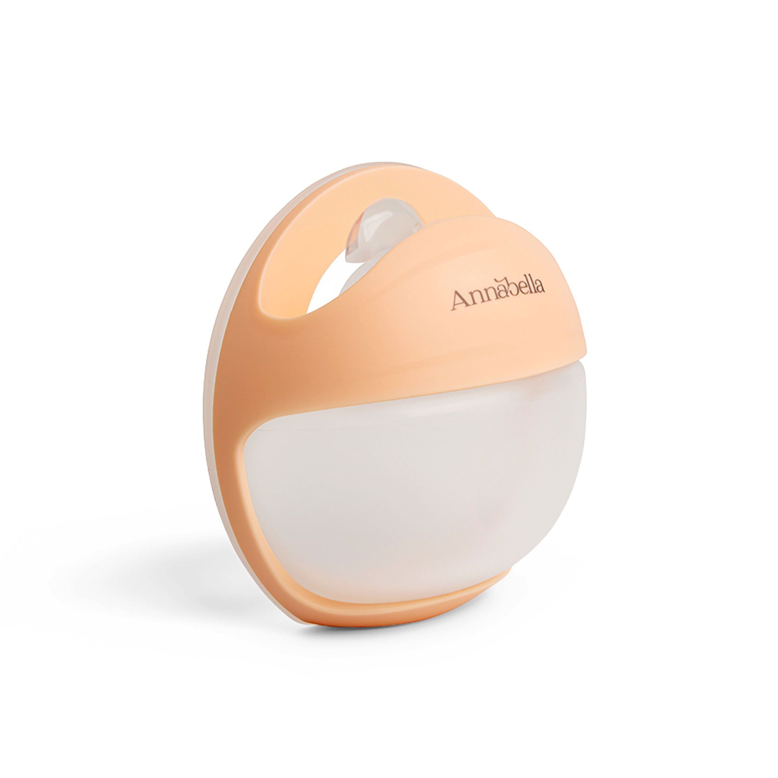 Manuelle Brustpumpe, zweifarbig, mit Griff. Der Name Annabella ist sichtbar. Die Pumpe hat eine runde Form.