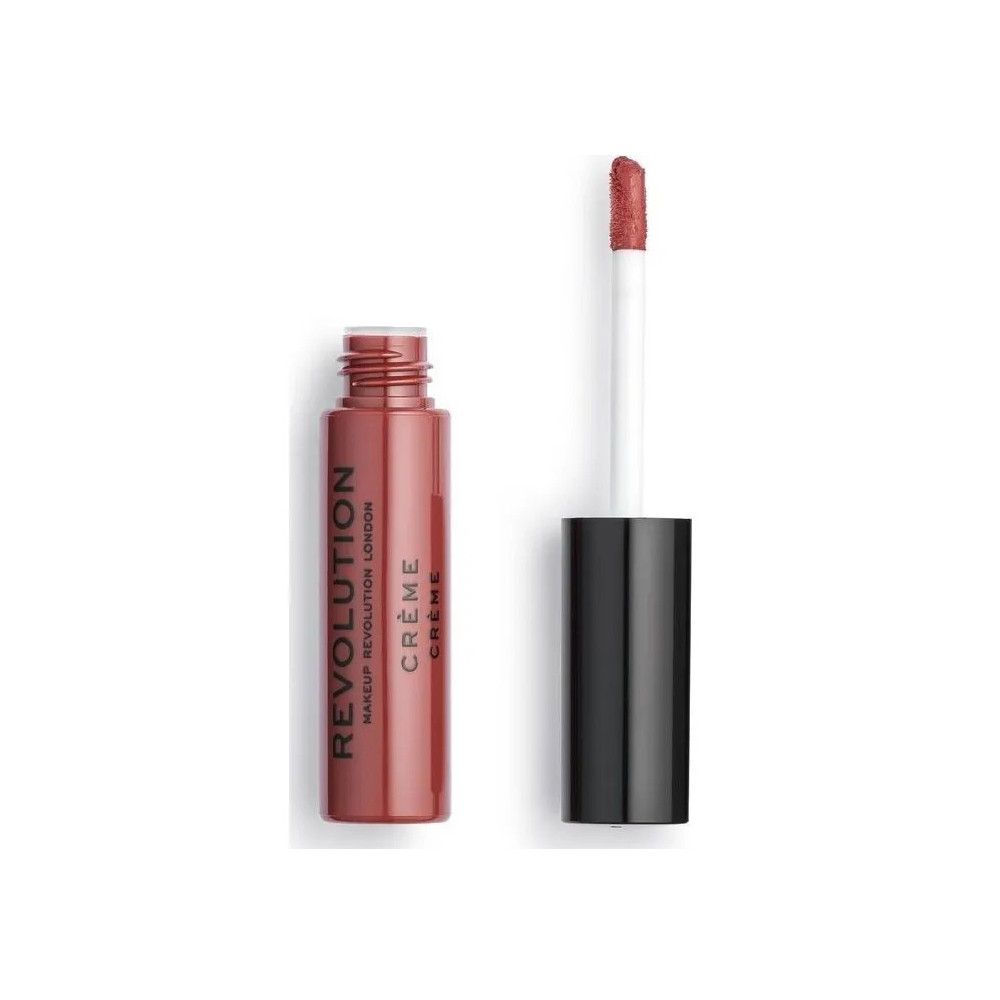 Lippenstift-Fläschchen, geöffnet, mit Applikator. Fläschchen und Deckel schwarz. Aufschrift: REVOLUTION, CRÈME.