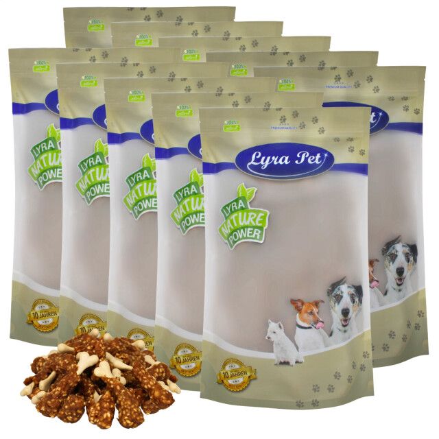 Mehrere Beutel Lyra Pet® Hühnchenschenkel. Aufdruck: Lyra Pet, Nature Power. Hunde abgebildet.