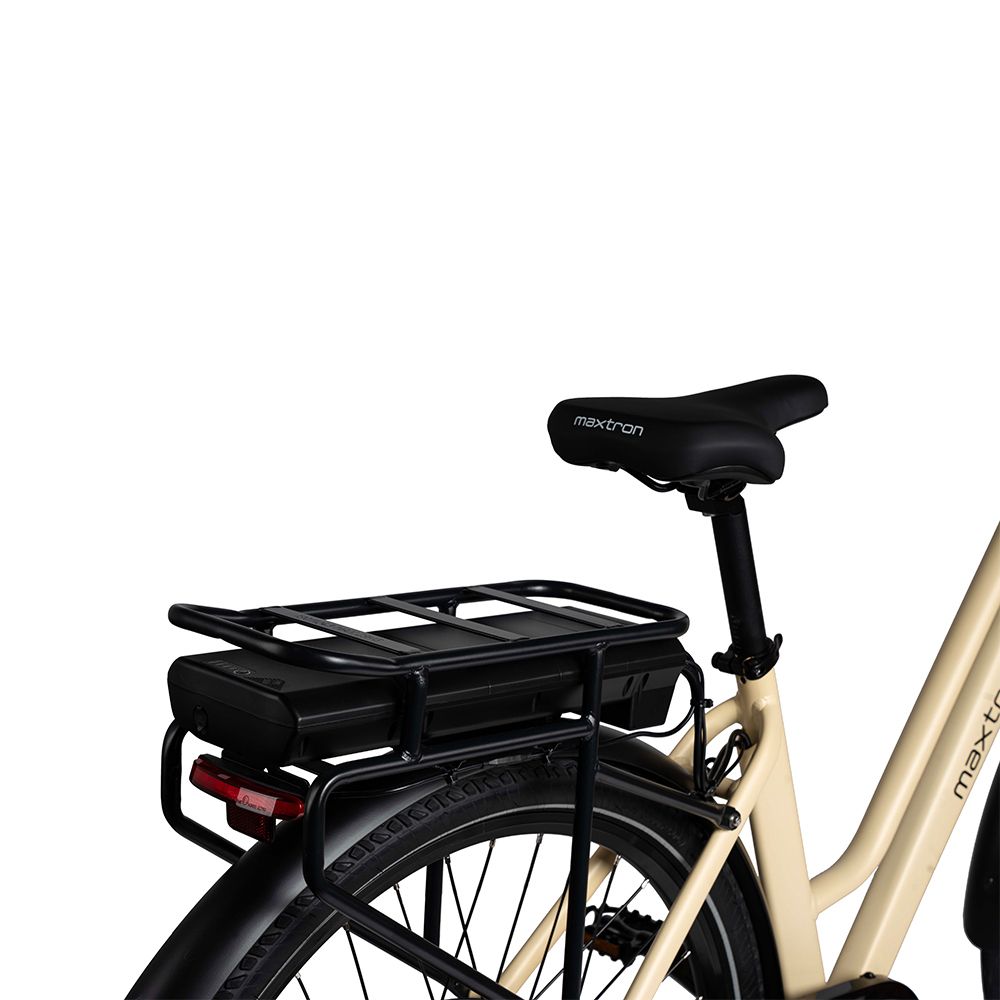 Fahrrad mit Gepäckträger und Akku. Schwarzer Gepäckträger, Akku und Sattel. Helles Rahmenteil.