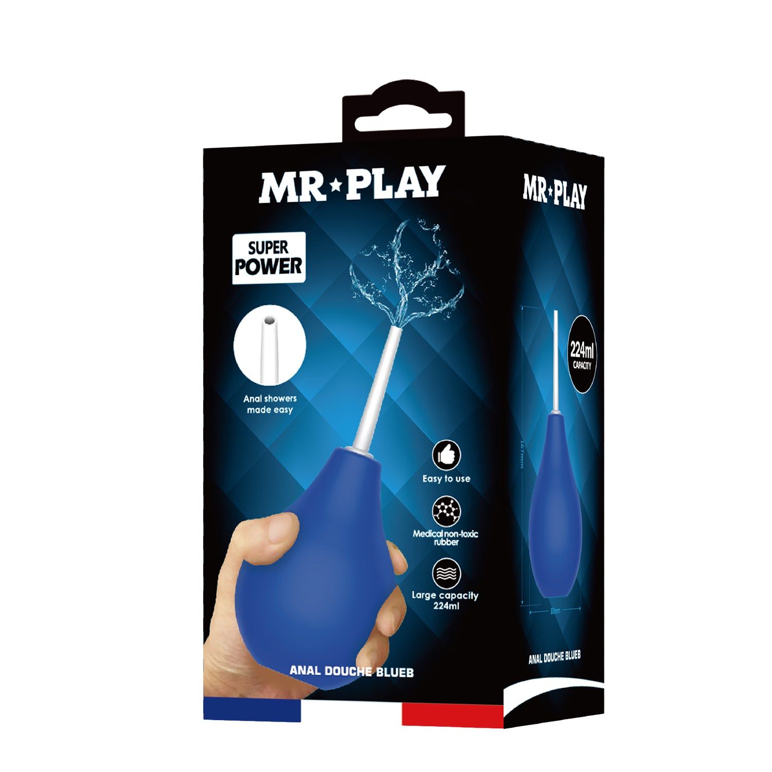 Verpackung von Mr. Play. Enthält einen blauen Irrigator mit weißer Spitze. Text: Anal Douche Blueb, 224ml.