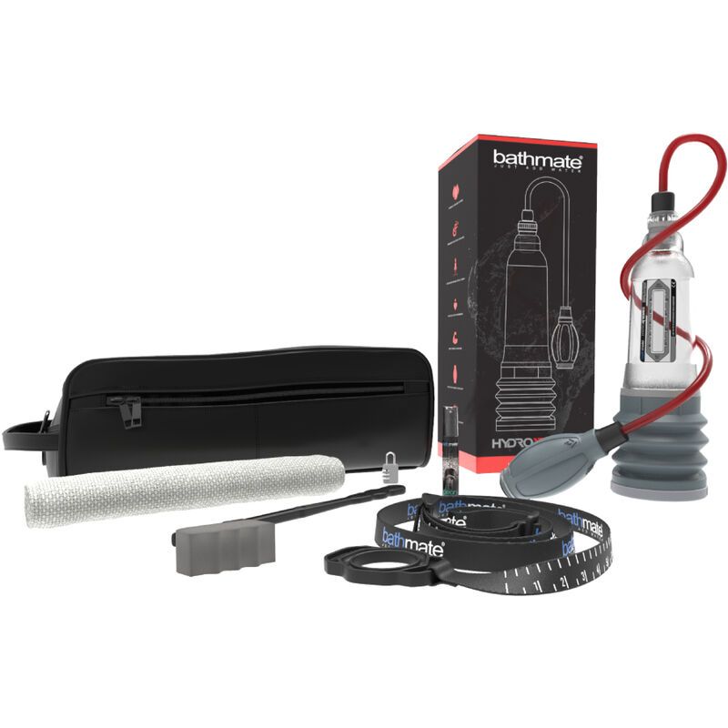 Schwarze Tasche, Pumpe mit rotem Schlauch, Zubehör. Schwarze Tasche, Reinigungsbürste, Messband.