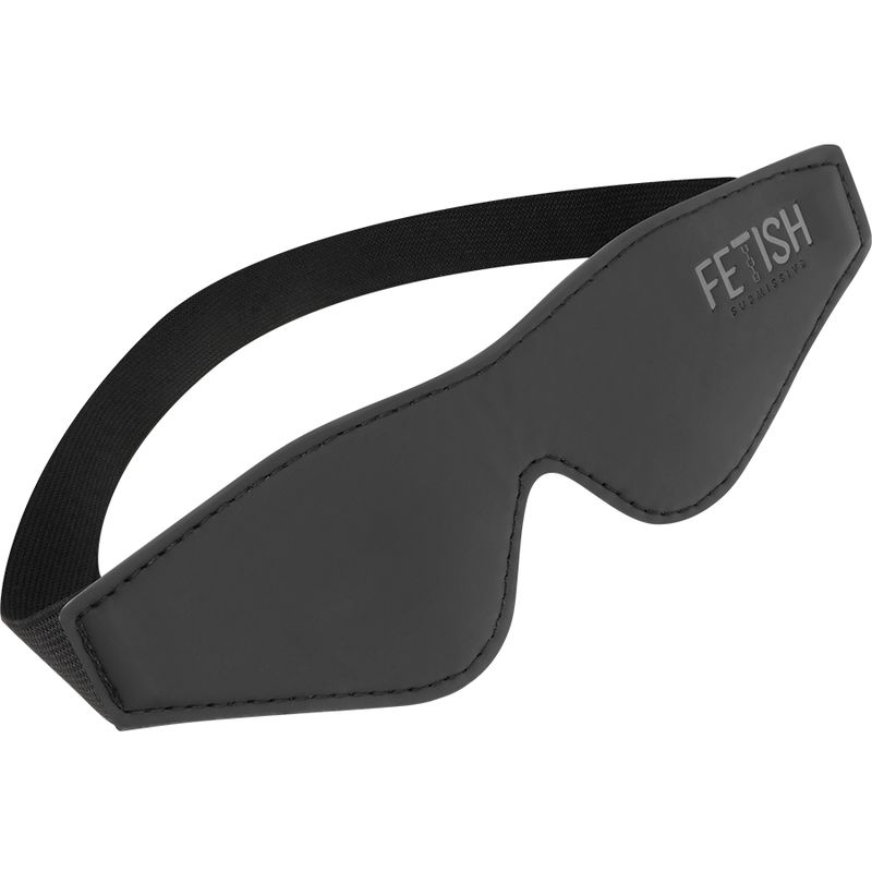 Schwarze Augenmaske aus Leder mit Neoprenfutter. Elastisches Band. Markenlogo auf der Maske.