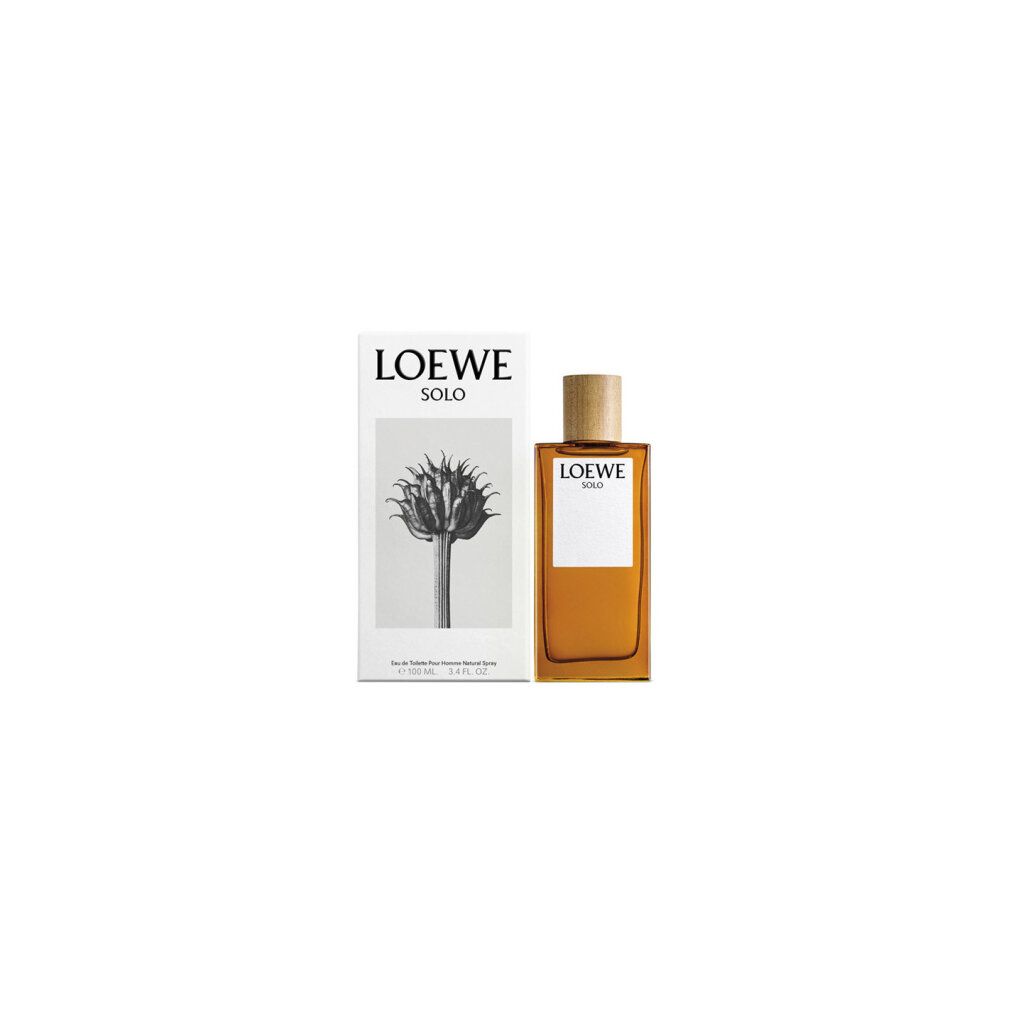 Loewe Solo Pour Homme Edt Spray Flakon und Verpackung. Rechteckiger Flakon mit Holzdeckel. Verpackung mit Logo und floralem Motiv.