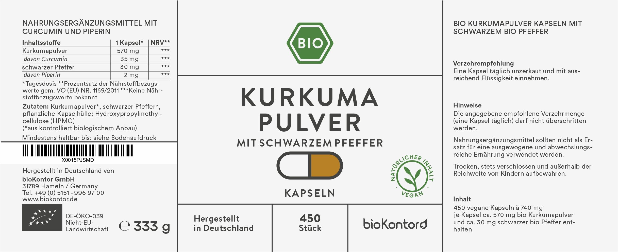 bioKontor Kurkumapulver Kapseln mit schwarzem Pfeffer