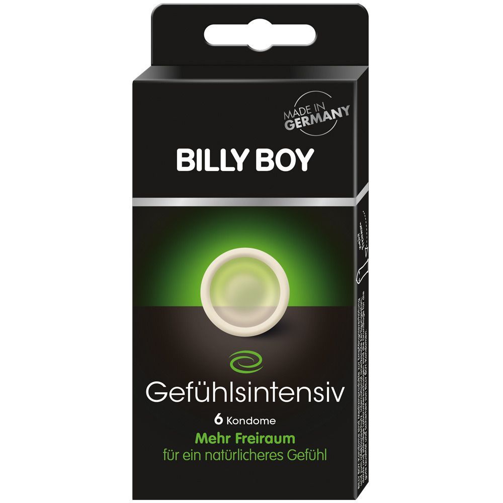 Schwarze Verpackung BILLY BOY. 6 Kondome Gefühlsintensiv. Kondom-Illustration. Made in Germany.