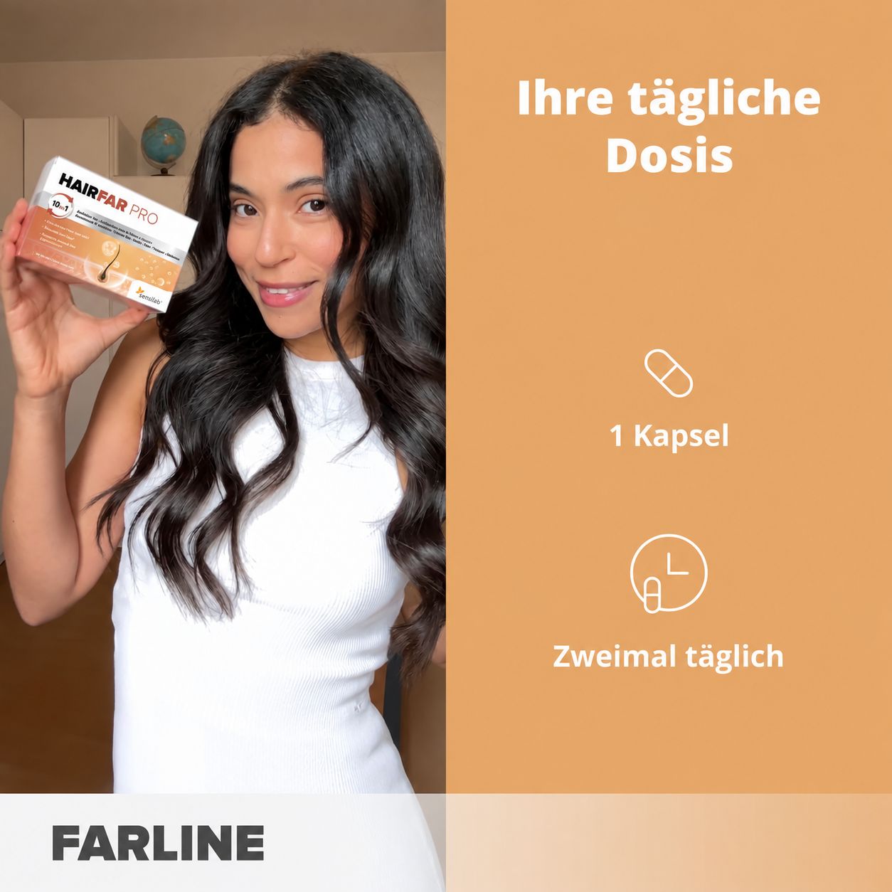 Farline Hairfar Pro: 1 Kapsel, zweimal täglich. Nahrungsergänzungsmittel für Haare.