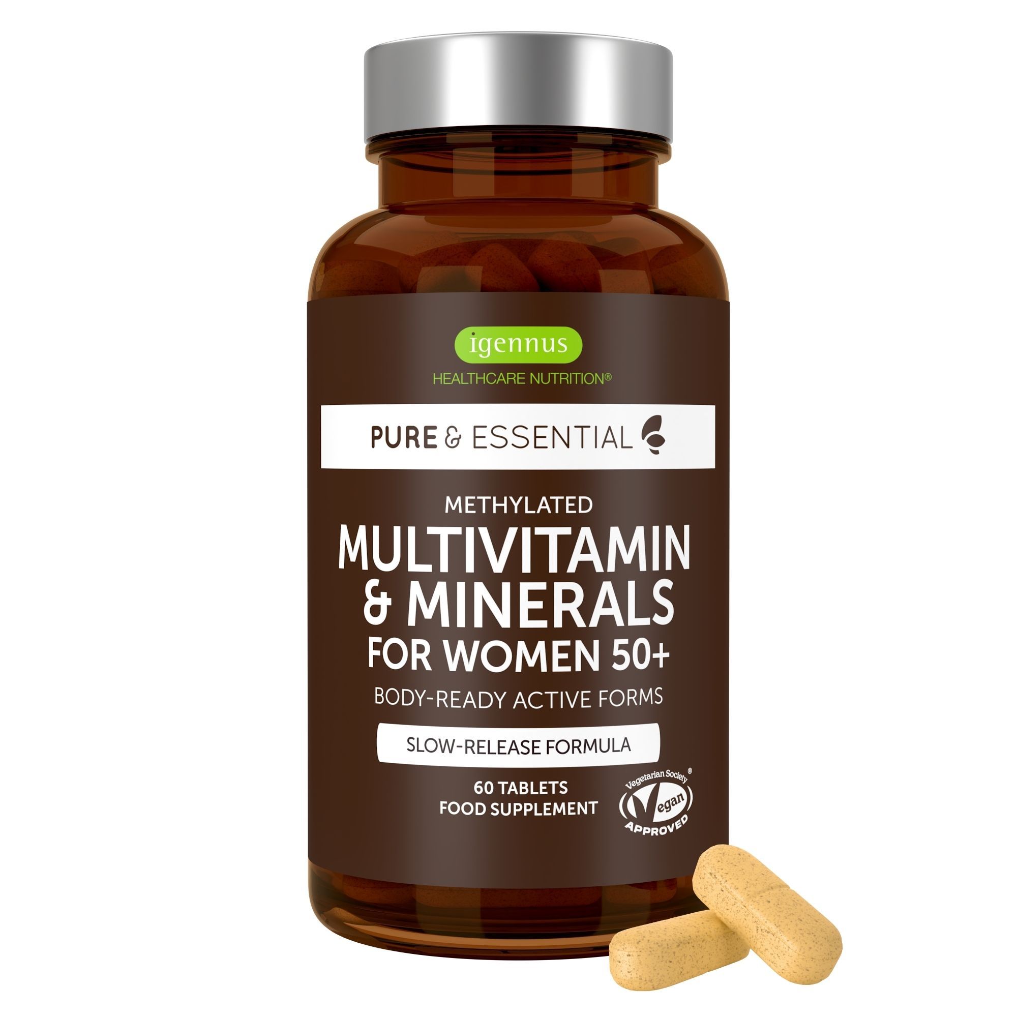 Flasche mit Multivitamin- und Mineralstoffkapseln für Frauen über 50, mit Aufschrift 'Pure & Essential' und 'Slow-Release Formula'.