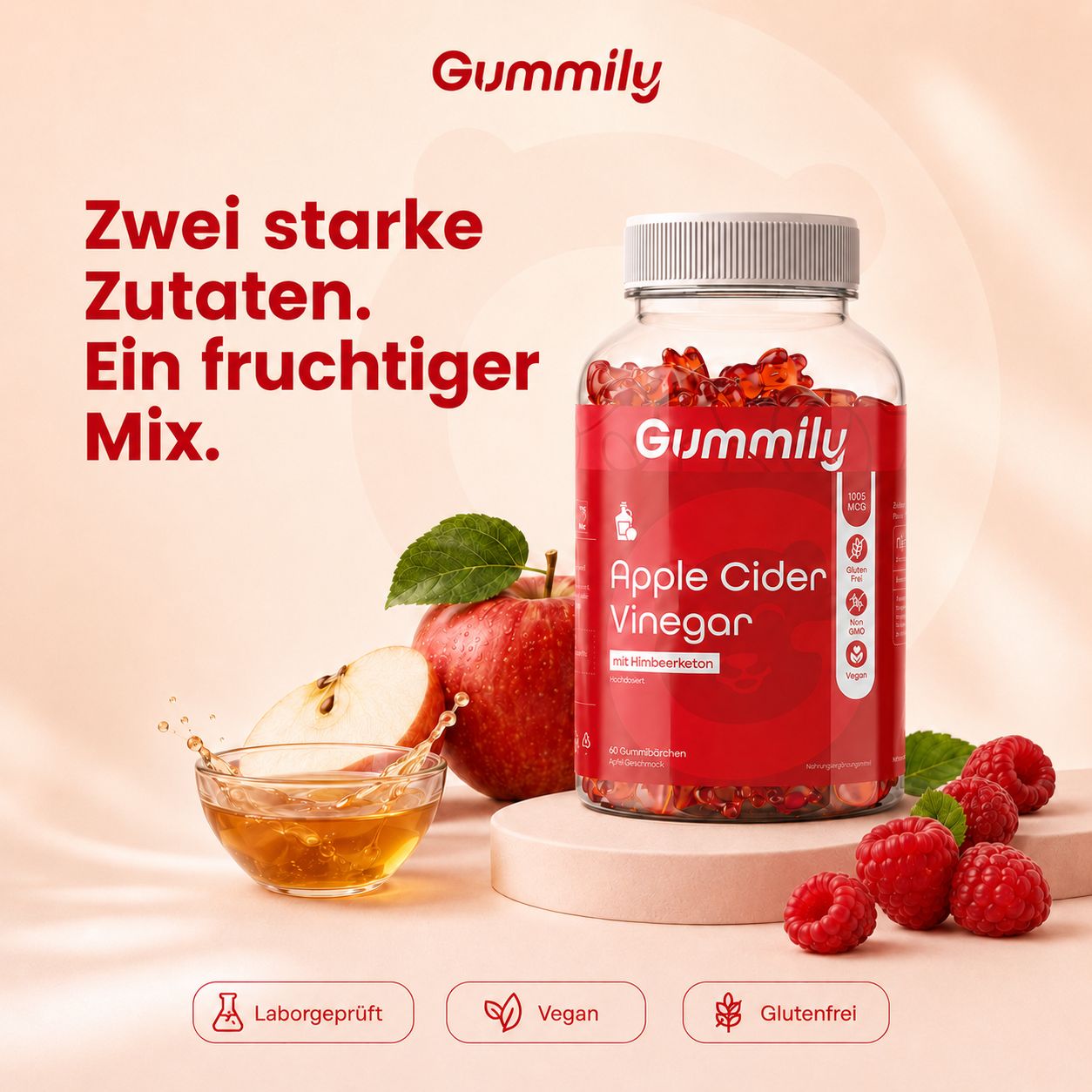 Gummily Apfelessig Gummibärchen mit Himbeerketon: Apfel, Himbeeren, Essig. Laborgeprüft, vegan.
