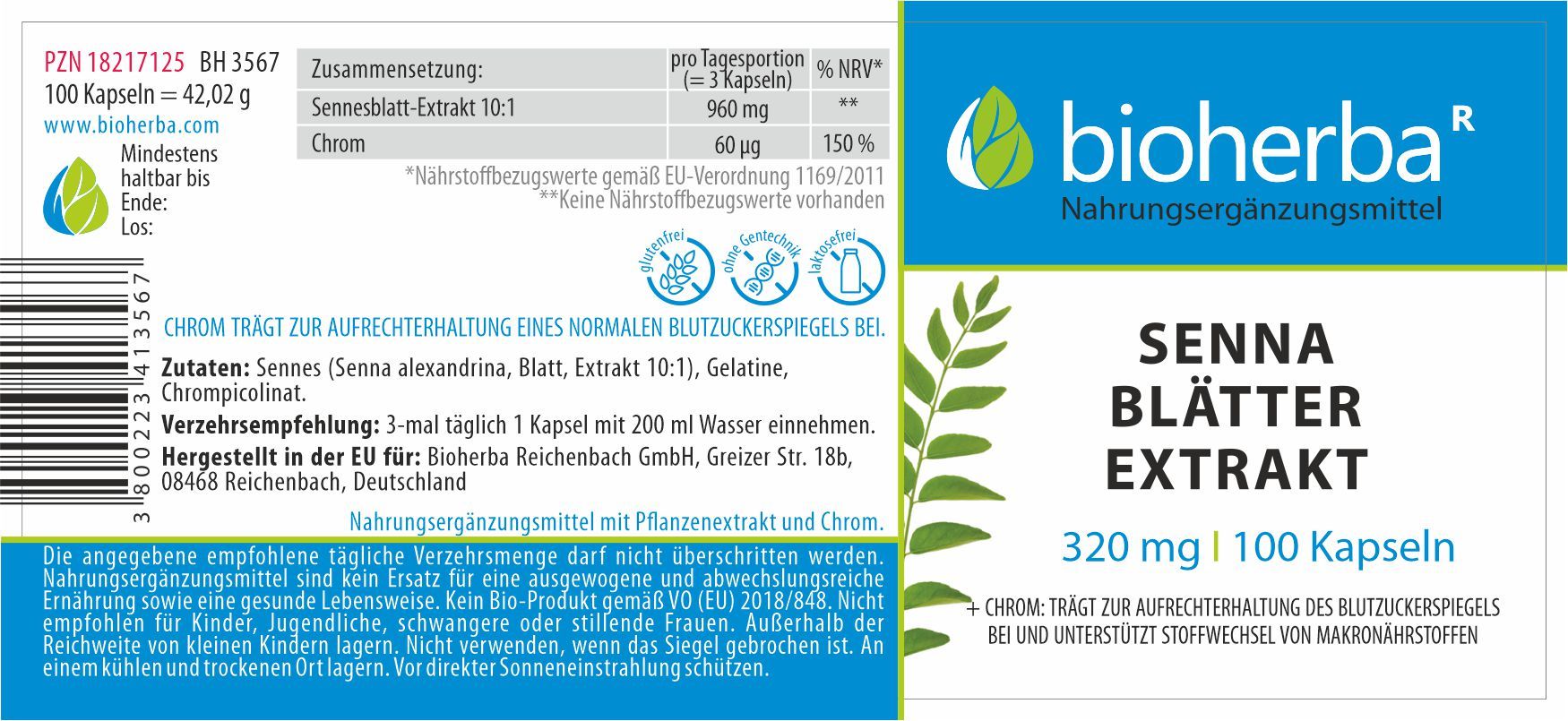 Etikett mit "Bioherba" Logo und "Senna Blätter Extrakt". Enthält 100 Kapseln. Enthält Informationen zu Inhaltsstoffen und Dosierung.