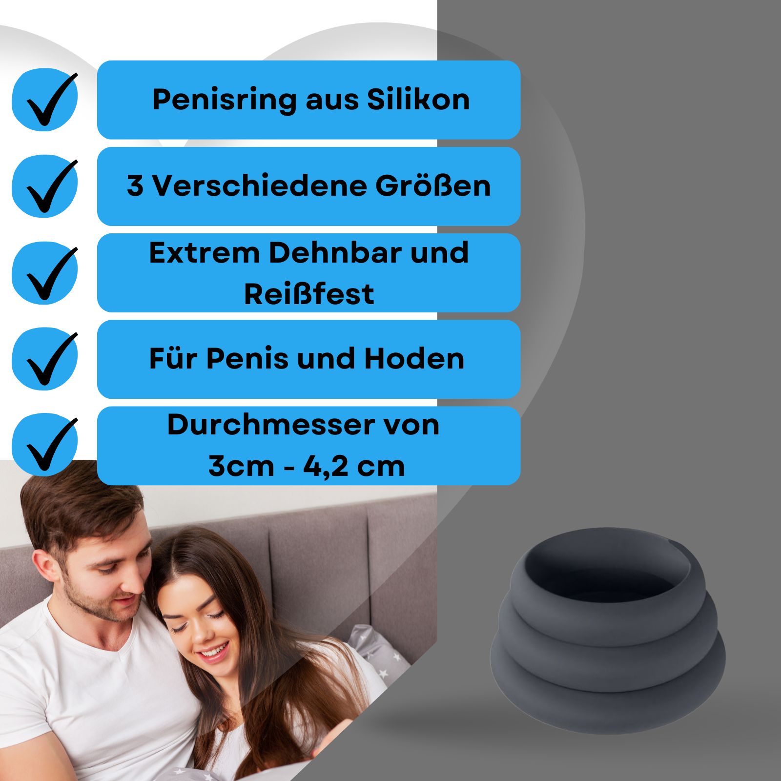 Produktabbildung mit Text: Penisring aus Silikon, 3 Größen, dehnbar. Paar im Bett, Produkt daneben.